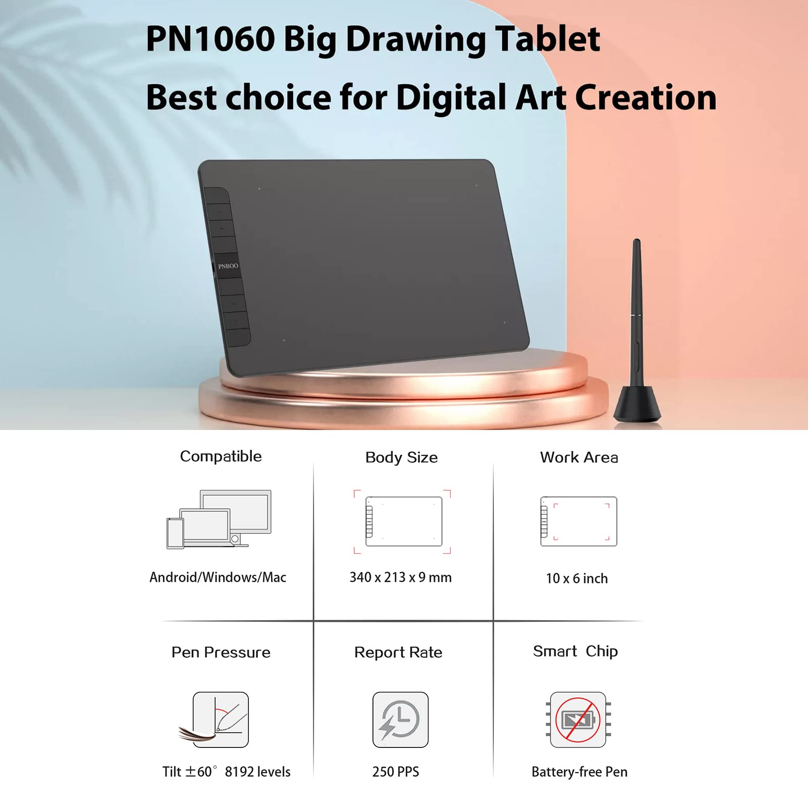 Irfora PN1060 Tableta gráfica de Dibujo 10 x 6 Pulgadas Área Activa 8192 Niveles Función de inclinación de presión Tablero de Dibujo de aniión de Arte con lápiz óptico sin batería 28 Puntas de