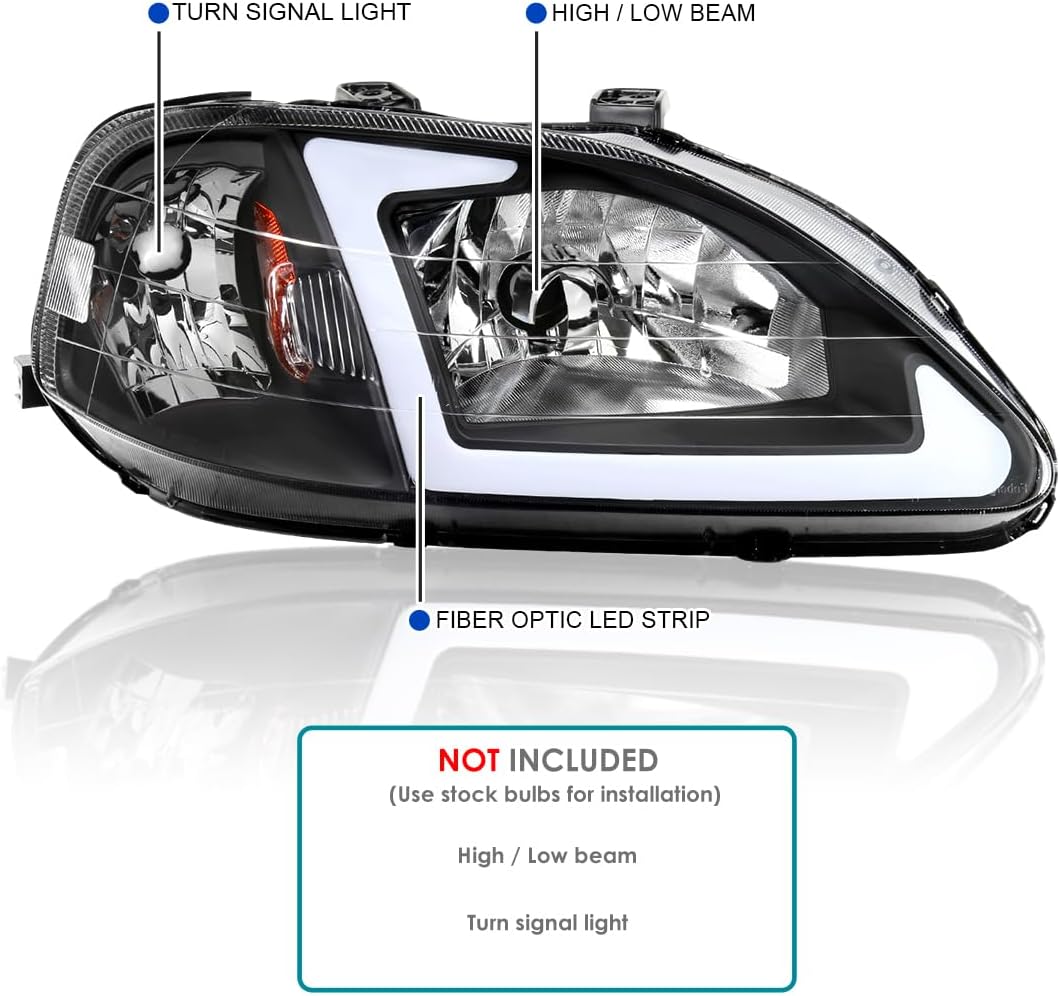 SPEC-D TUNING Black Headlights w/LED Tube Compatible with 1999-2000 Honda Civic EK/EJ/EM