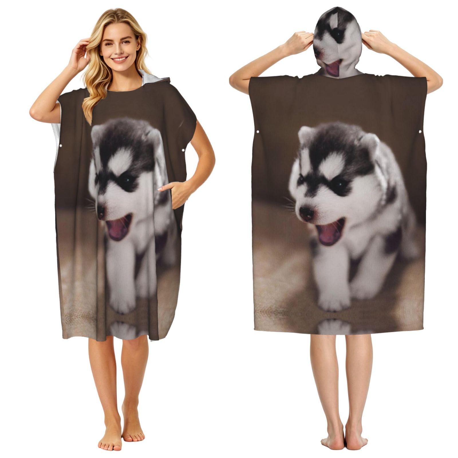 Poncho de plage adulte imprimé chiot en microfibre légère avec grande capuche