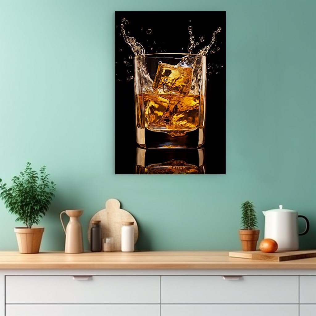Canvas for Living room. Whirling Whiskey Wonders with Melting Ice Cubes on a Mirror-like Surface, 27 x 18 inch Canvas Wall Art - Abstract By Atmosphere - Modern Home Decor - 91x61 cm (36x24 inch)