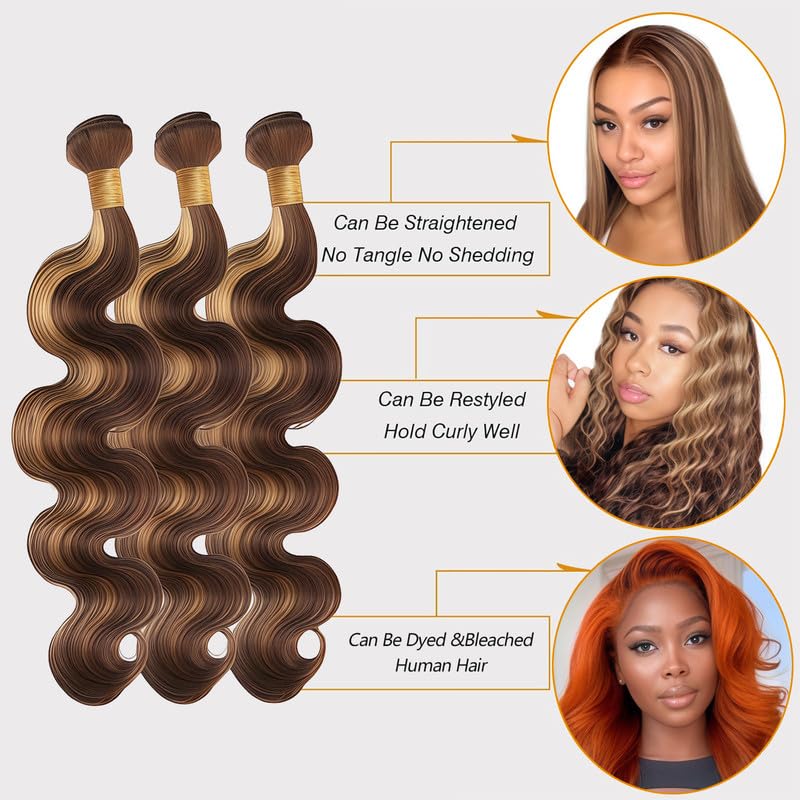 P4/27 Human Hair Body Wave Bundles 8 10 12 inch 12A Brazilian Virgin Ombre Hair Blonde and Brown Body Wave Human Hair 3 Bundles for Women P4/27 Color