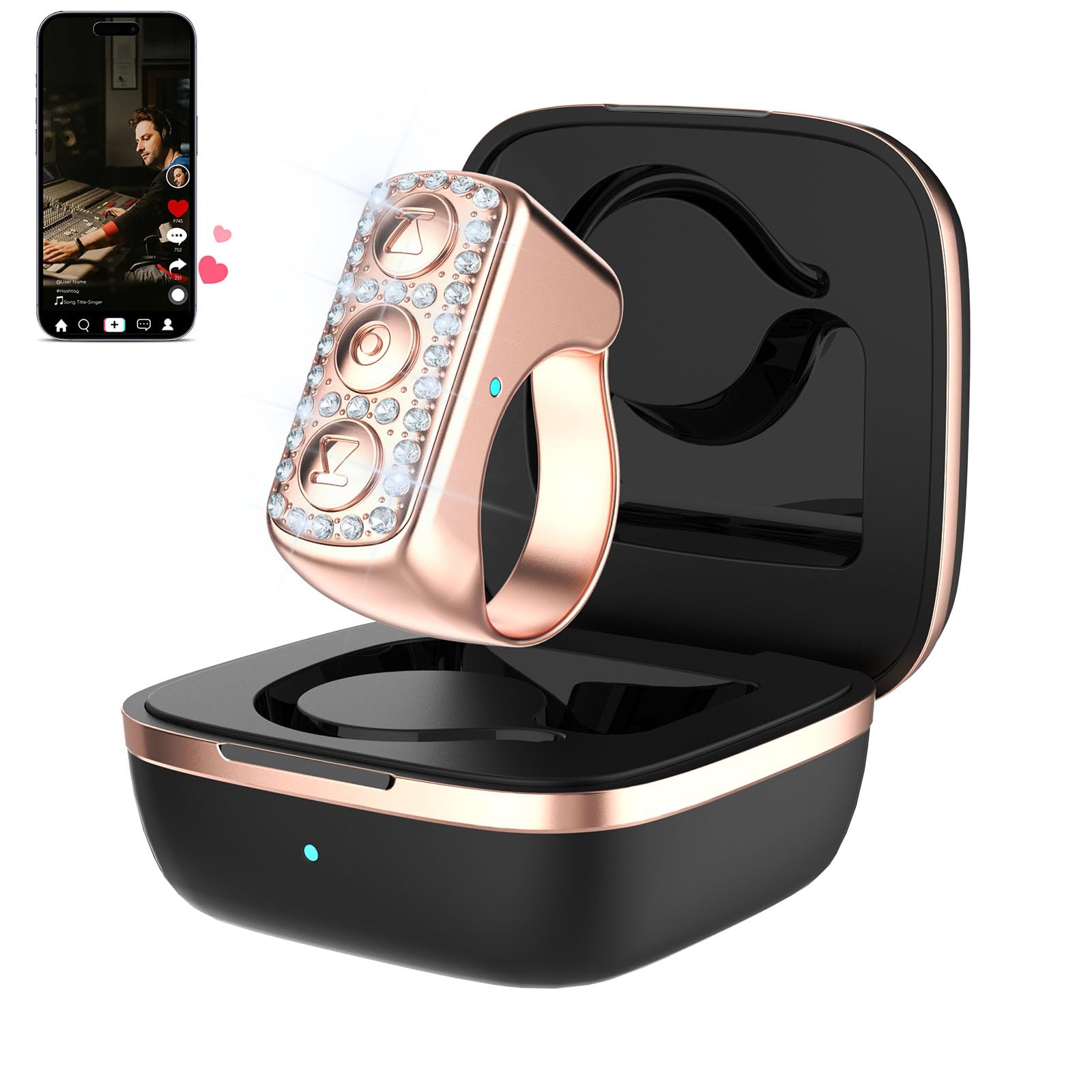 3-Link TikTok Scrolling Ring with Rhinestone, Remote Control for TikTok/YouTube Shorts/Instagram Reels, Bluetooth Page Turner for iPad/Kindle App/