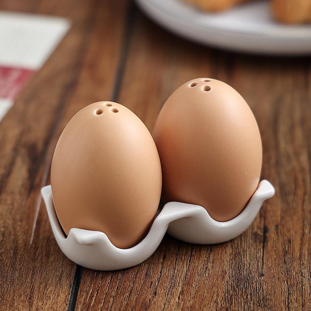 Ensemble salière et poivrière en céramique en forme d'œuf, pot à épices amusant, mini shaker marron en forme d'œuf avec support de support pour épices de cuisine