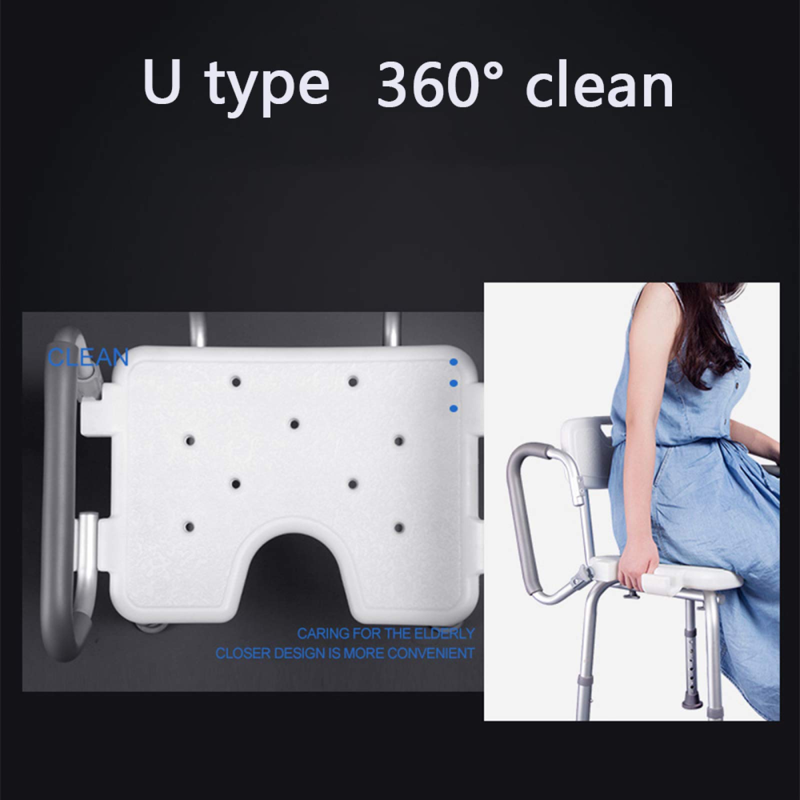 Silla Ducha para Ancianos Taburete De Ducha Ajustable Respaldo,Apoyabrazos Reversible Asiento Baño Tipo U Patas Antideslizantes Ventosa