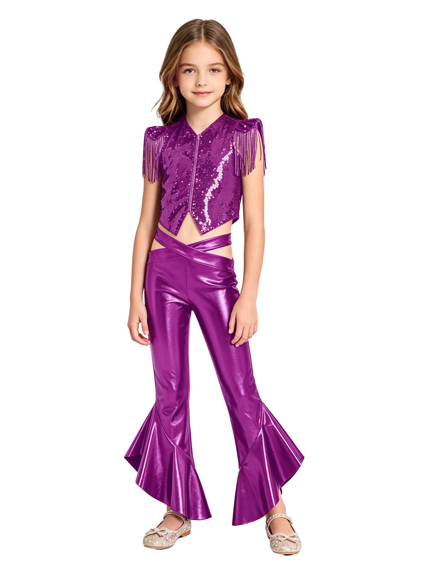 MSemis Enfants Ensemble Hip Hop Enfant Fille Tenues De Danse Avec Paillettes Pour Filles Ensemble Pantalons Danse Jazz Pour Filles Party Violet 15-16 ans