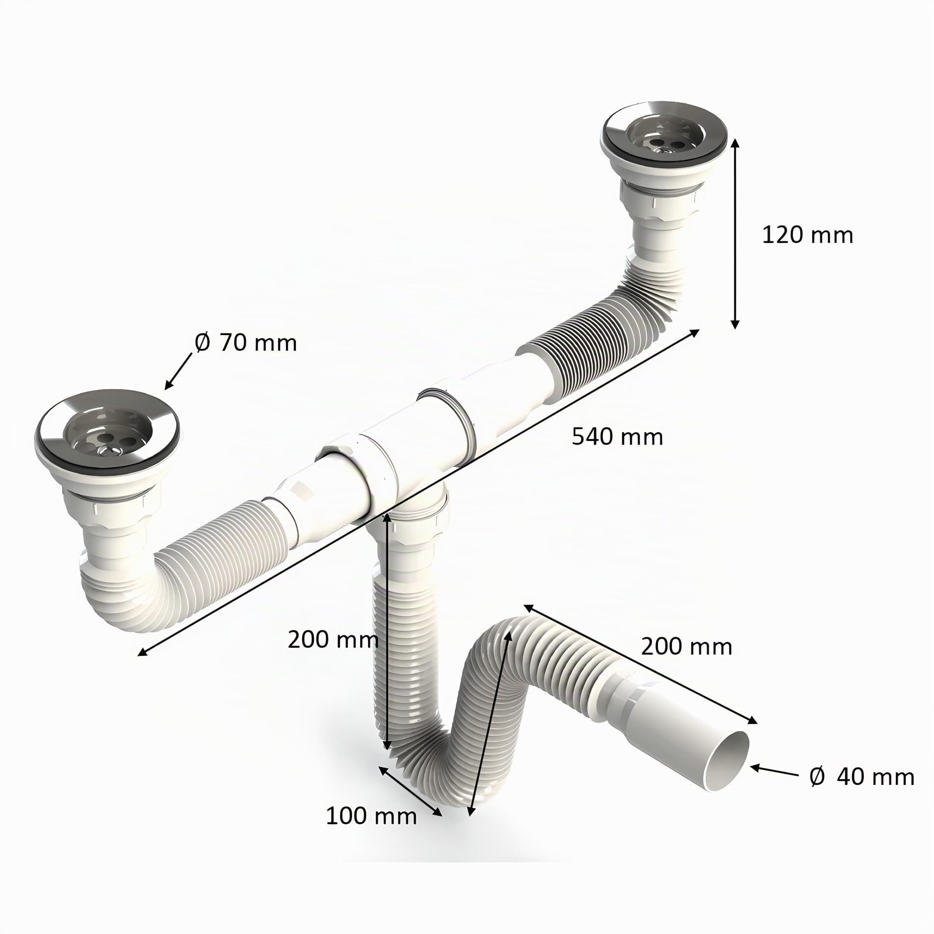 Uzman Sabbia Ø80 doppio sifone con tubo flessibile, doppio collegamento, piletta di scarico, doppio lavello, lavello, sifone per lavabo, cantiere, sanitario