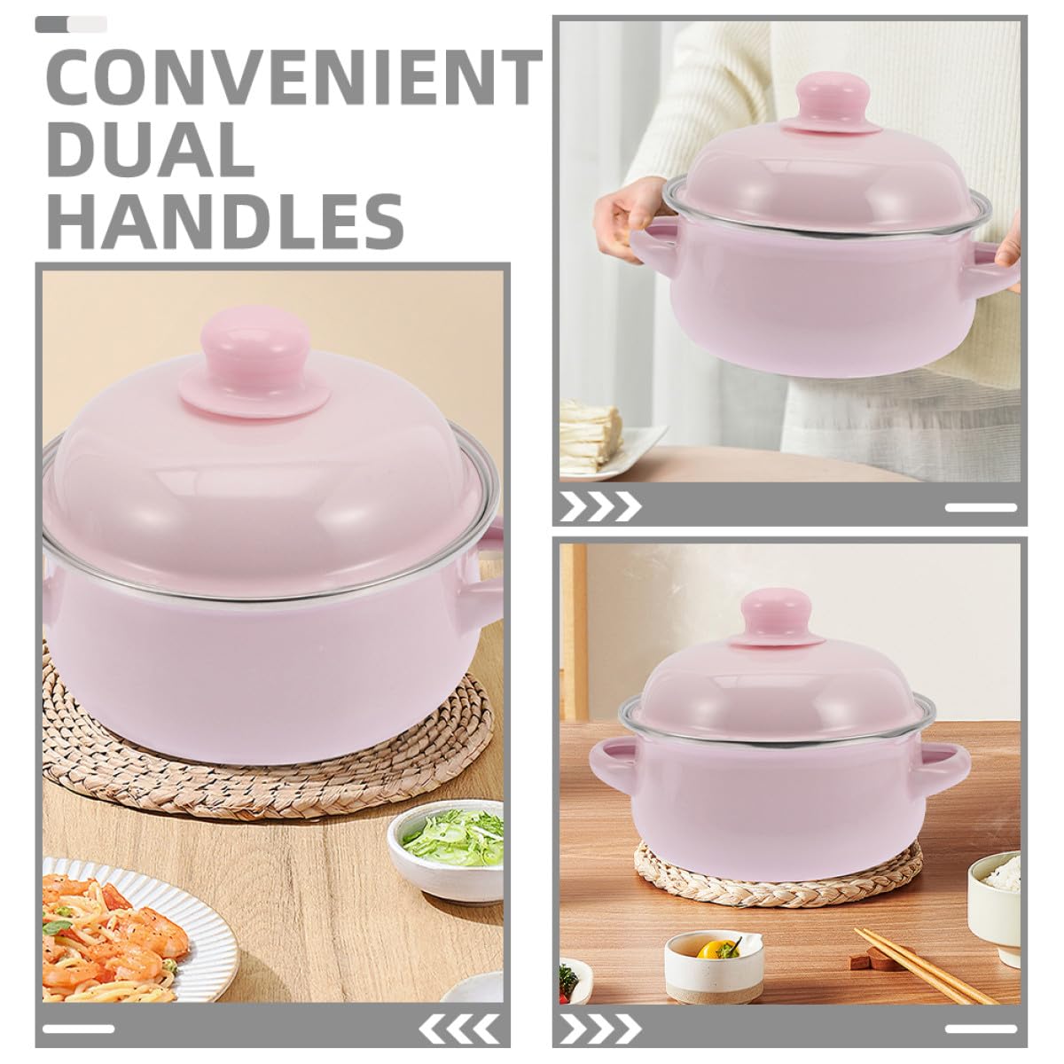 VICASKY Marmite en Émail Épais 1,7l avec Double Poignée 18 Cm Rose Casserole Rétro Antiadhésive pour Ragoûts et Soupes, Ustensile la Cuisine Vintage pour Cuisson Gaz et Électrique
