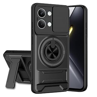 AELVOUX Poco X8 Pro Max 5G Back Cover | Armor Camera Slider 360 Degree Rotating Finger Ring Holder Case with Bracket Stand Back Case Cover (Compatible with MagSafe Accessories) (Black)