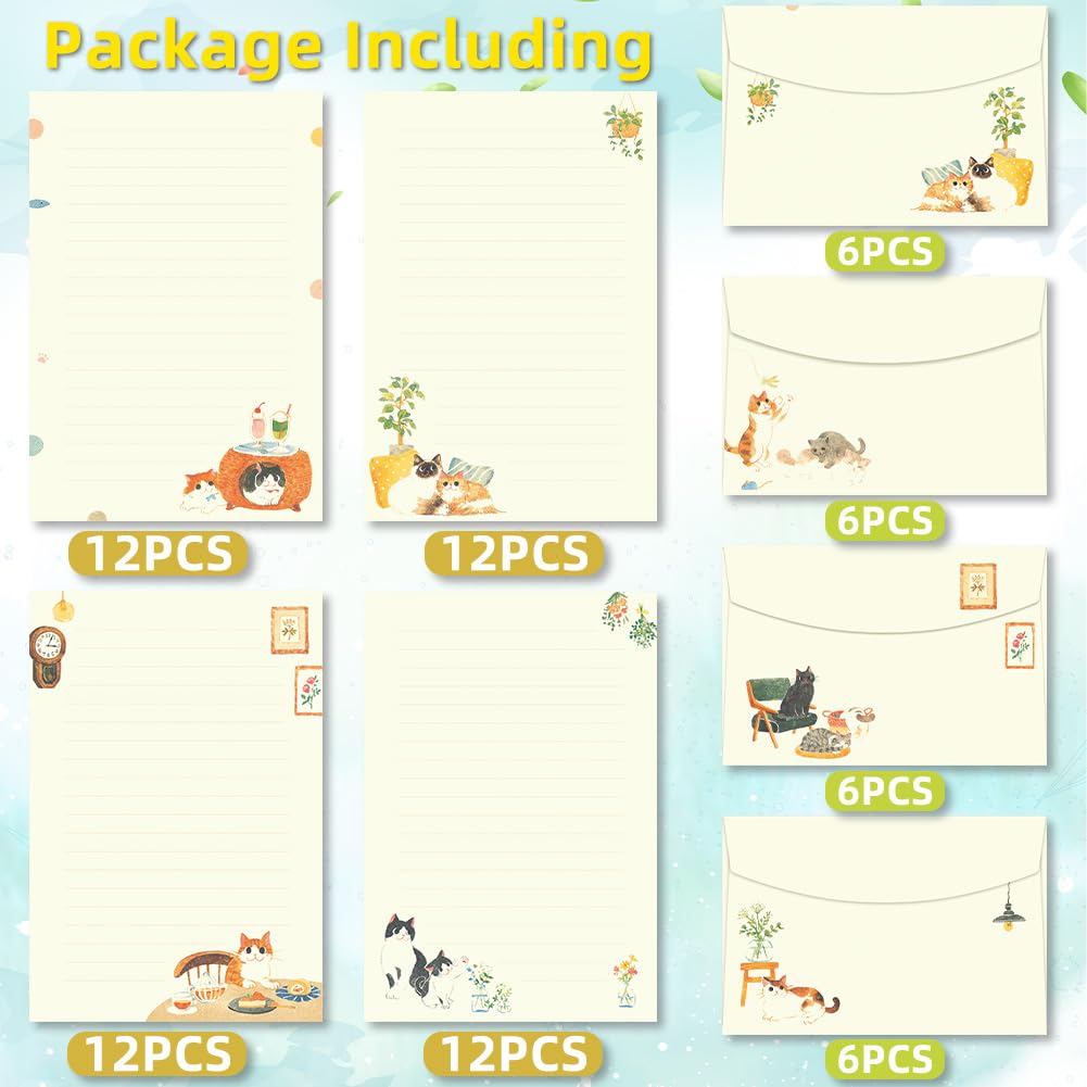 72 Pieces Cute Cat Writing Paper and Envelopes, 8.3x5.6 Inch Stationery Set, 48 Lined Sheets & 24 Envelopes, Kitty Design for Letters, Invitations, Gifts, Holidays, Party Notes