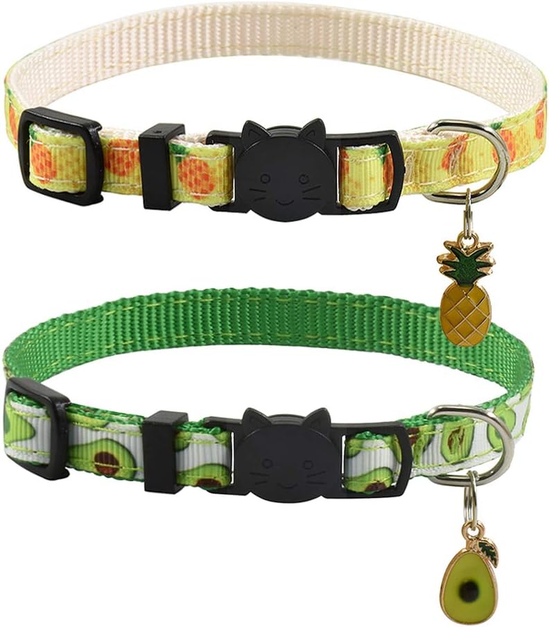 2PCS Breakaway Cat Collar Fruit Pattern with Accessories Adjustable Safety Collars for Cats Kitten 7-11.5in (Avocado+Pineapple)