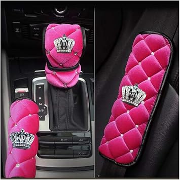 Plush Handbrake & Seatbelt Cover - 3 in 1 with Rhinestone Crown - Pink