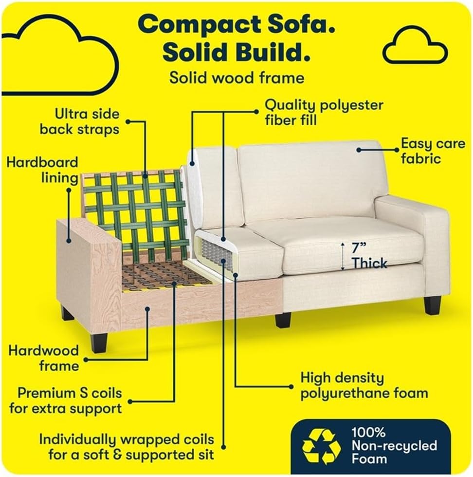 Pemberly Row Track Arm Sofa, 78" Wide, Buttercream Finish, Anti-Pill Polyester Upholstery, Removable Covers, Solid Wood Frame, Compact Space-Saving Design, Modern Living Room Seating