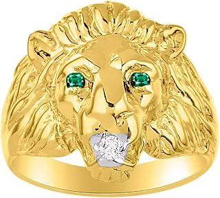 Lion Head Ring Yellow Gold Plated Silver Genuine Diamond in Mouth & Gorgeous Precious Color Stone Birthstone in Eyes #1 in Mens Jewelry Me'ns Ring Amazing Conversation Starter Sizes 6,7,8,9,10,11,12,13
