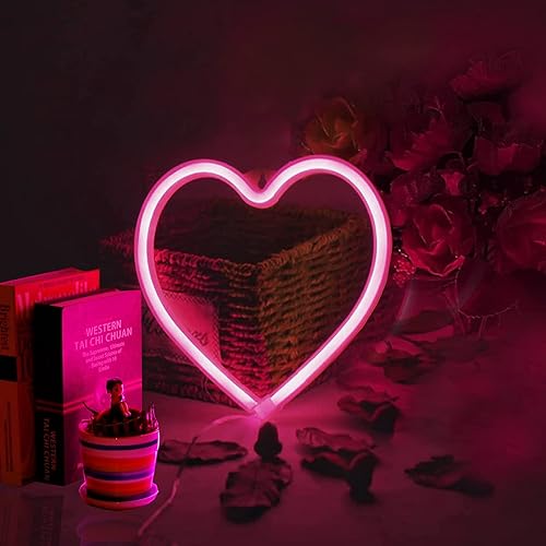 Miniatura 4 de YouOKLight Letrero de neón de corazón, luces de neón para decoración de pared de dormitorio, letrero de neón rosa, luz LED de corazón con USB y