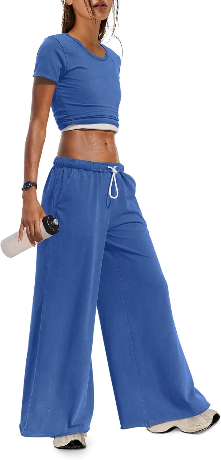 Panadila Womens 2 Piece Lounge Set Matching Workout Sets Summer Crop Tops Wide Leg Pants Going Out Outfits - Image 2