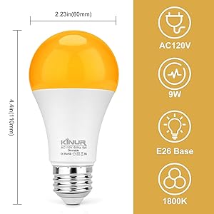 KINUR LED Amber Dimmable Light Bulbs, A19, 9W, 1800K, E26 Base, 60W Equivalent, Amber Soft Light Bulbs Warm Night Light for Bedroom, Healthy Sleep, Baby Nursery Light 2 Pack