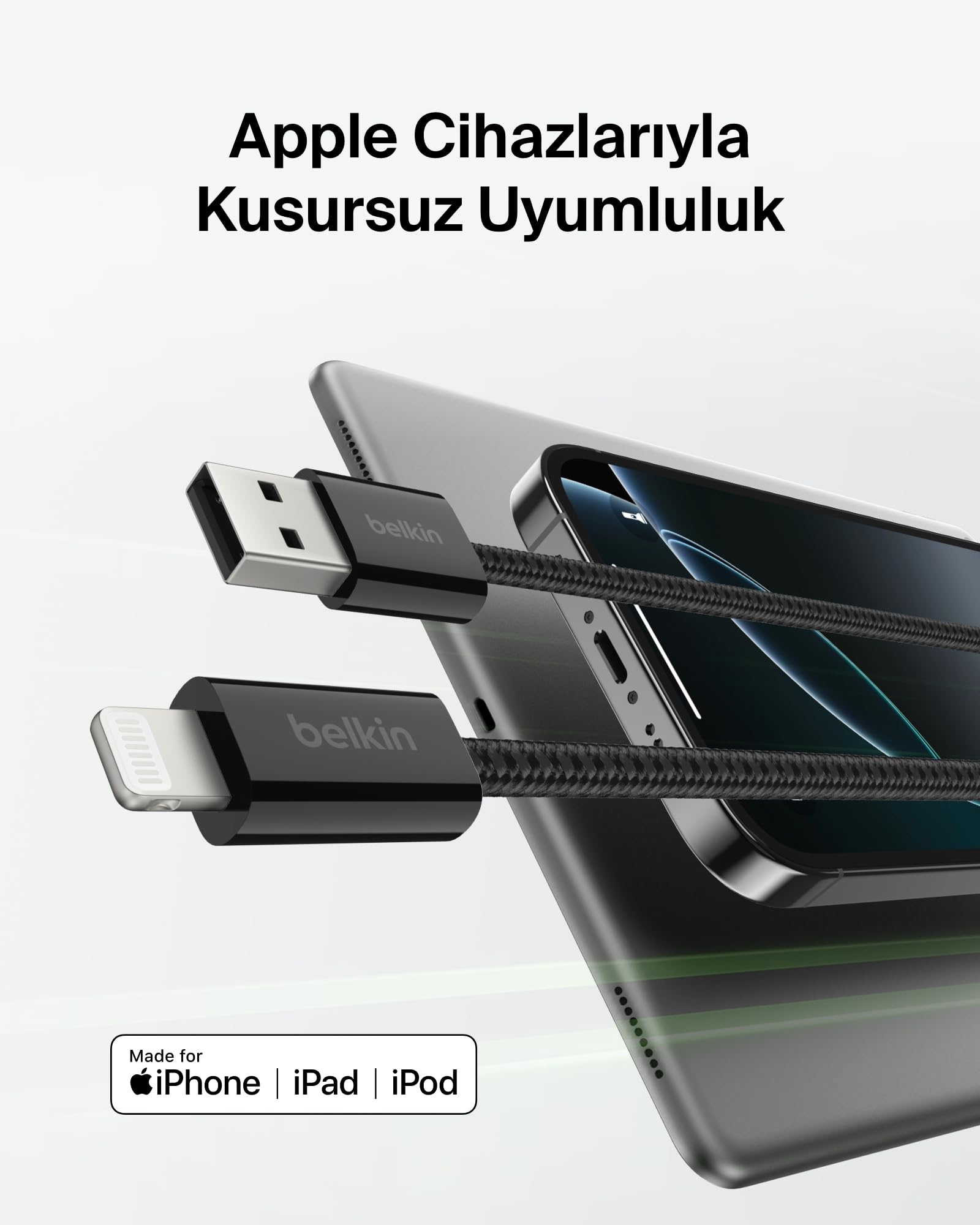 Belkin 2'li Örgülü USB-A - Lightning Kablo, 1,5 m, Yumuşak, Esnek ve Hızlı Şarj Kablosu, iPhone 14 ve Önceki Modeller, 9. Nesil iPad ve AirPods ile Uyumlu, Siyah