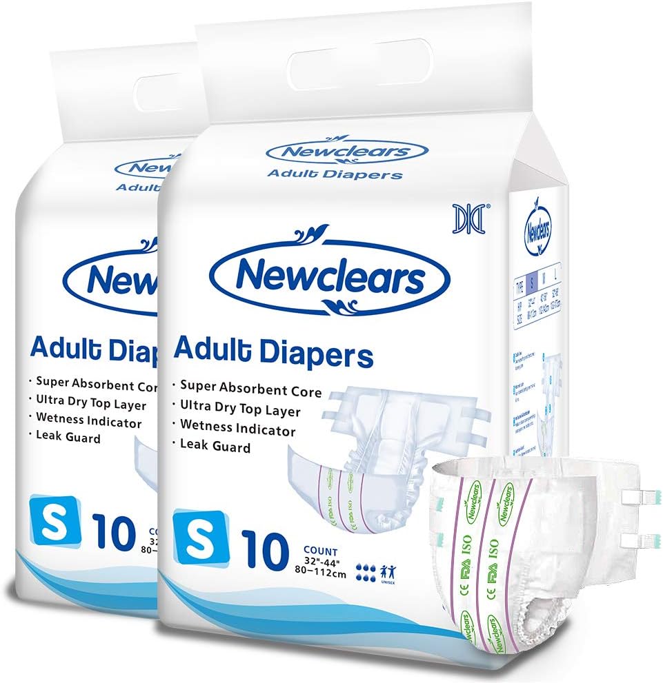 Newclears Adult Diapers with Tabs for Men Women Incontinence Care, Disposable Absorbent for Disability Postnatal Patient Bedridden Care, 10 Count/Pack (Small - 20 Count)