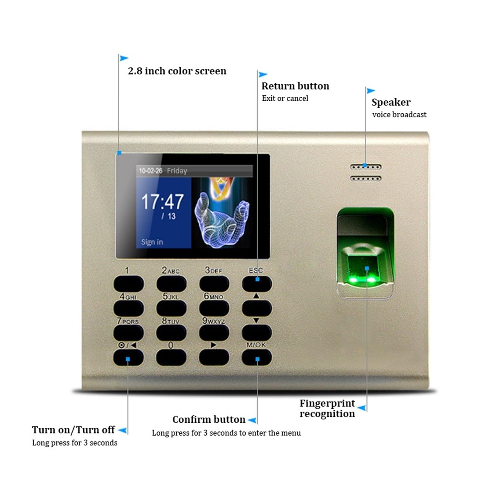 Zegary czasu pracowników, USB/IP Karta RFID Rozpoznawanie linii papilarnych Rejestrator czasu pracy Wbudowana bateria(K40)