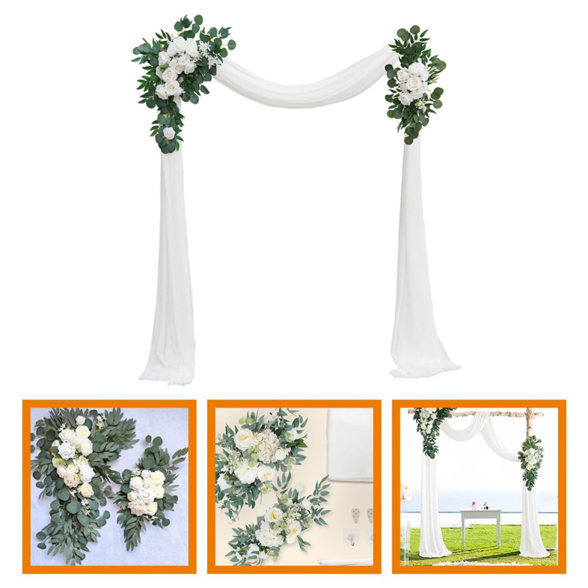 SHINEOFI Elegante Hochzeitsbogen Blumen aus Künstlicher Seide und Gazevorhang Weiße Hochzeitsblumendekoration mit Lebensechtem Aussehen für Florale Innenarrangements