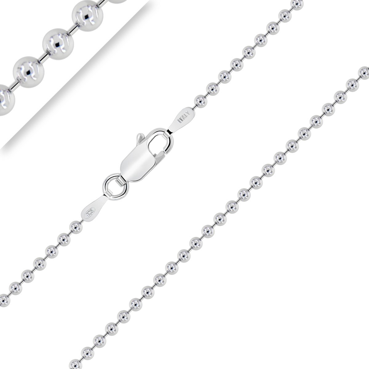 Planetys - Rhodium-Plated 925/1000 Sterling Silver Ball Chain 1.8 mm 40-45-50-55-60-65-70 cm