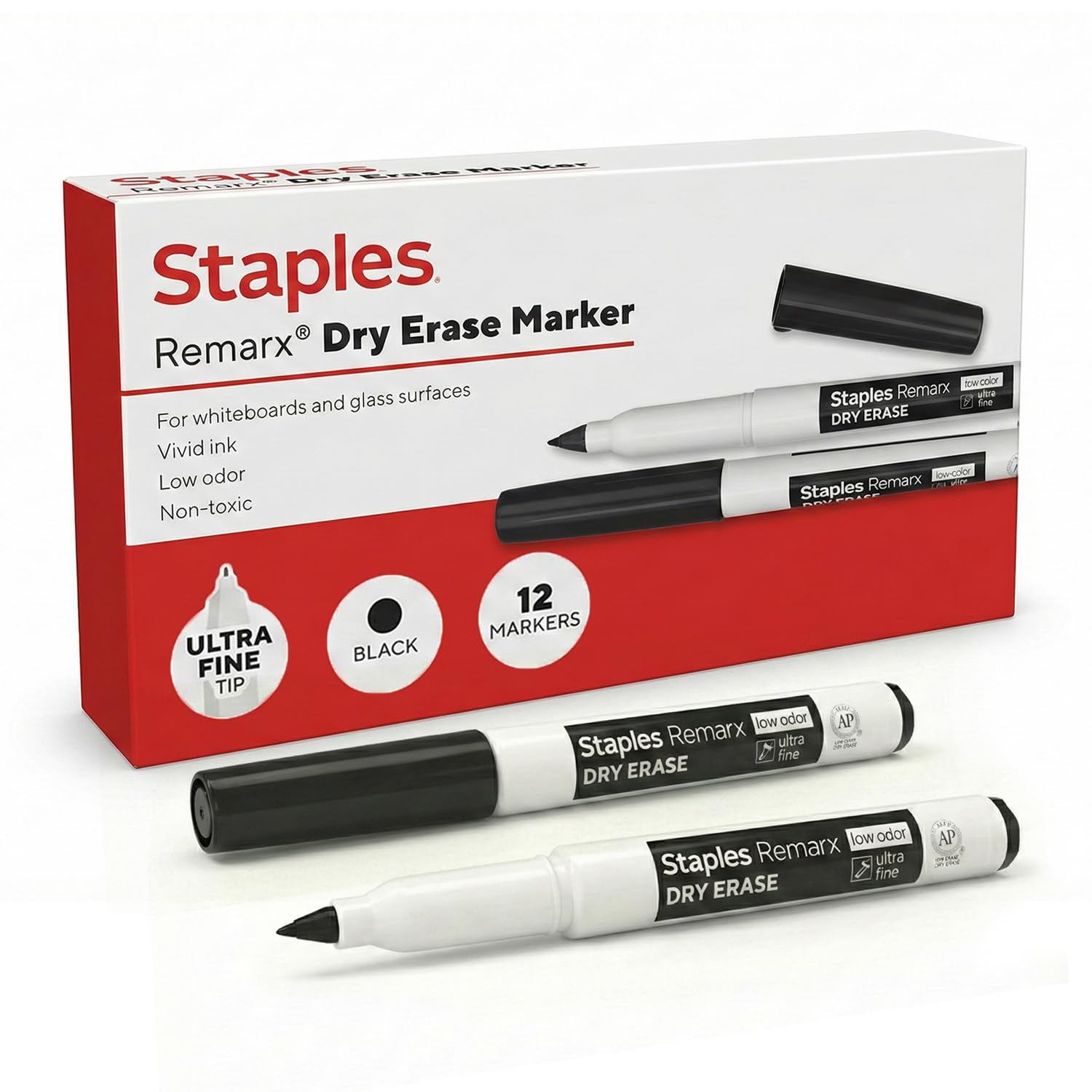 STAPLES Dry Erase Markers Ultra Fine Tip Black 12 Pack Remarx Precision Whiteboard Markers for School Office Planning