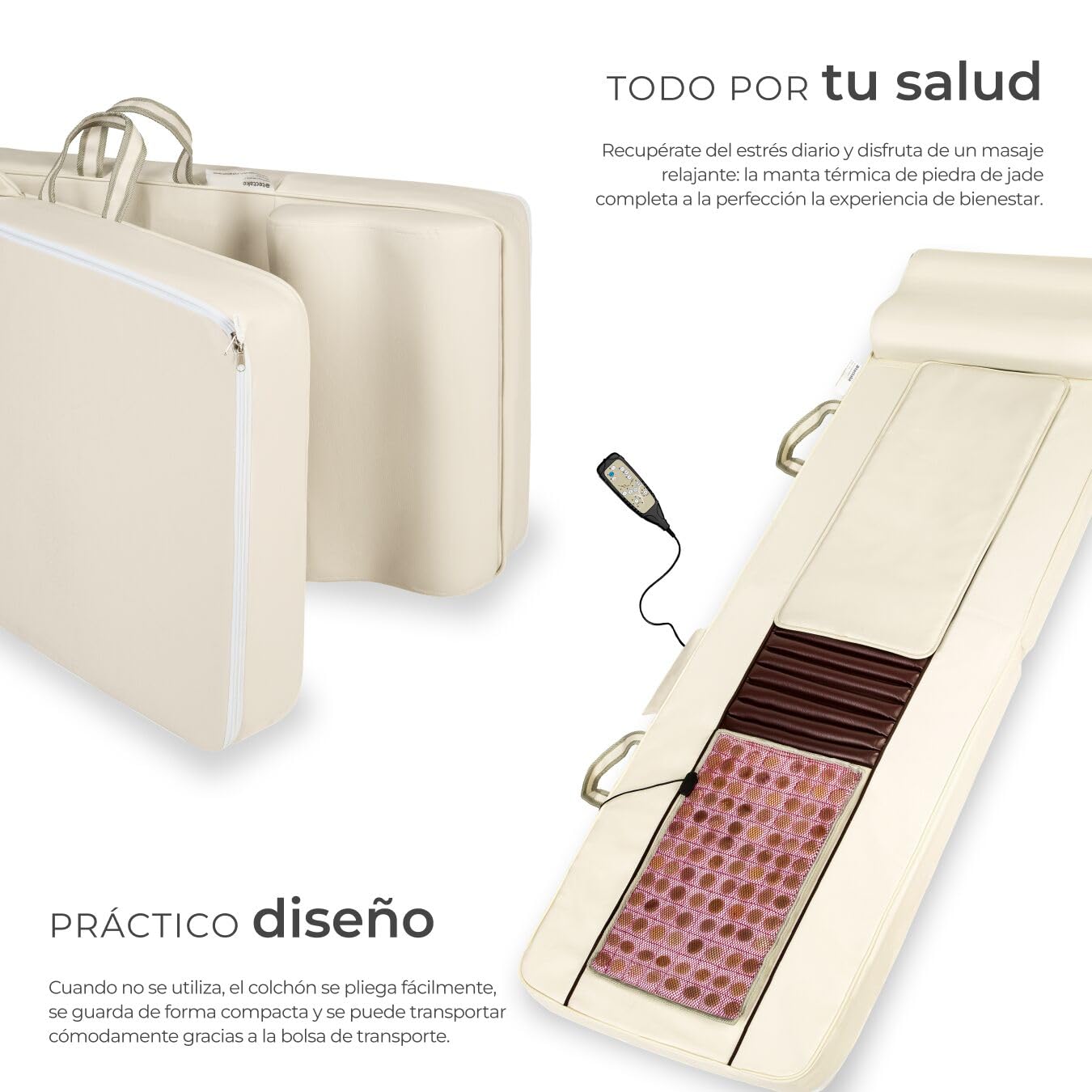 tectake® Colchoneta Masajeador Espalda con Alfombrilla de Calor de Jade, 10 Cabezales de Masaje Plegable con Bolsa de Transporte para Masajeador Espalda y Cuerpo - 186,5 x 60 x 11 cm