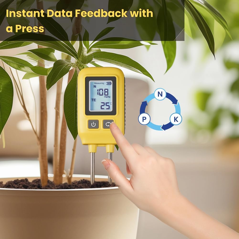 Sensor de Temperatura de N, P, K del Suelo Detector de Nitrógeno, Fósforo y Potasio Medidor de Fertilidad de Nutrientes Probador para Jardín y Granja