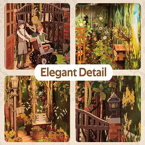 Image of Tonecheer DIY Book Nook Kit for Adults, 3D Wooden Puzzle Bookend Bookshelf Insert Decor, Booknook Miniature House Kit with Body Motion Sensor LED Light (The Secret Garden)