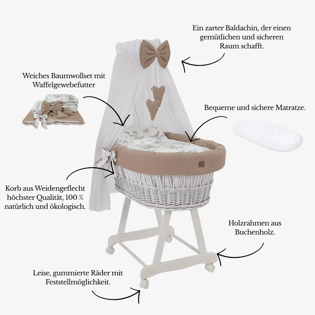 WIKLINOPOL Stubenwagen Lena aus Weide – Babywiege mit Rollen, Matratze, Baldachin & Bettwäsche aus Waffelstoff mit Safari Tiere, handgefertigt, Natur Moseskorb
