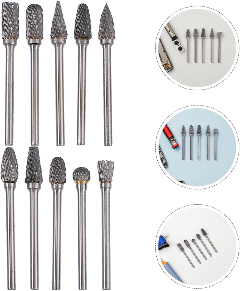 10pcs Dual-edge Tungsten Carbide Rotary Burr Set with Shank, High Speed Carbide Grinding Bits for Metal Carving Polishing and Die Grinder Accessories, Industrial Cutting Tools