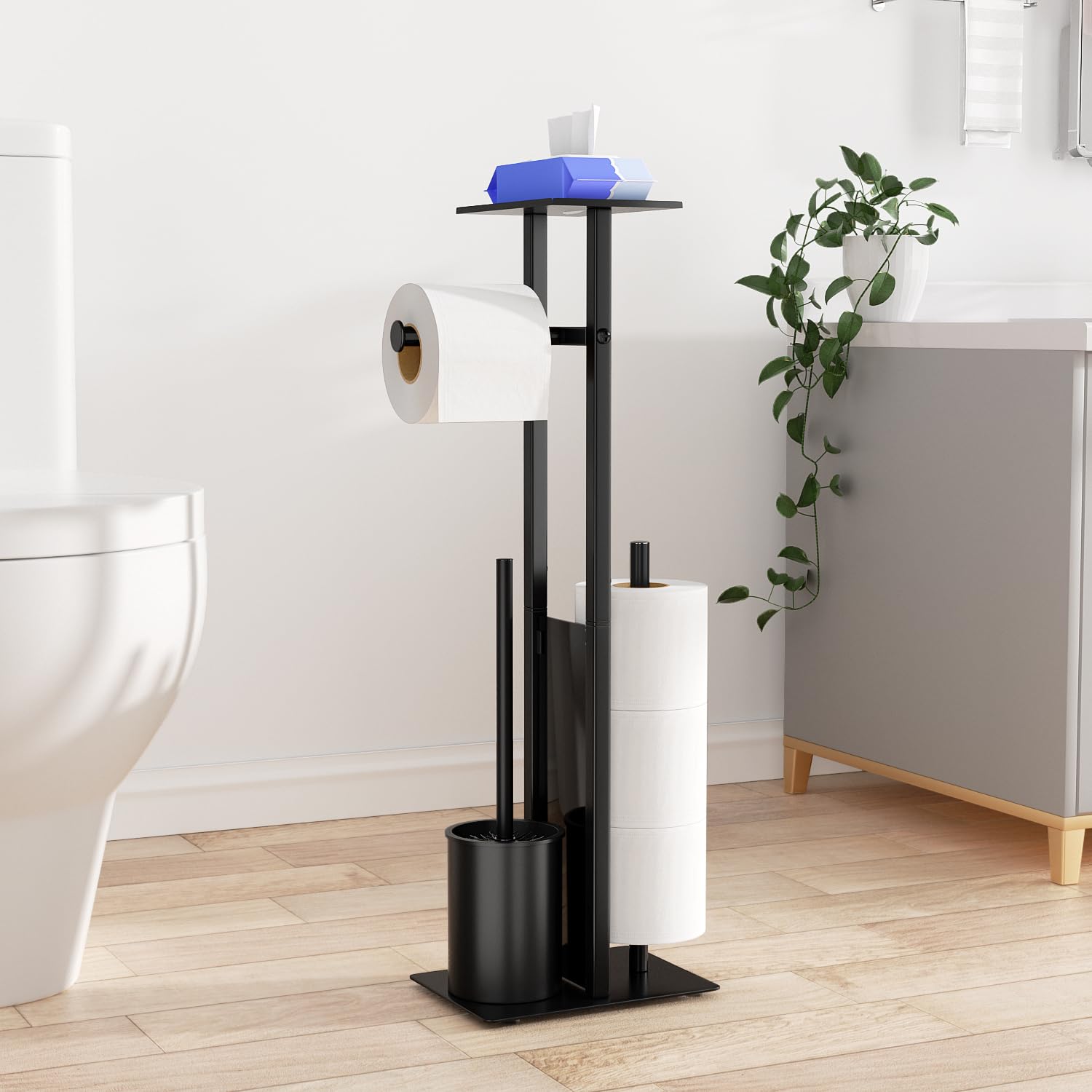 susswiff Porta carta igienica inox da appoggio con scopino - con scatola salviettine umidificate, ripiano in vetro (nero opaco)