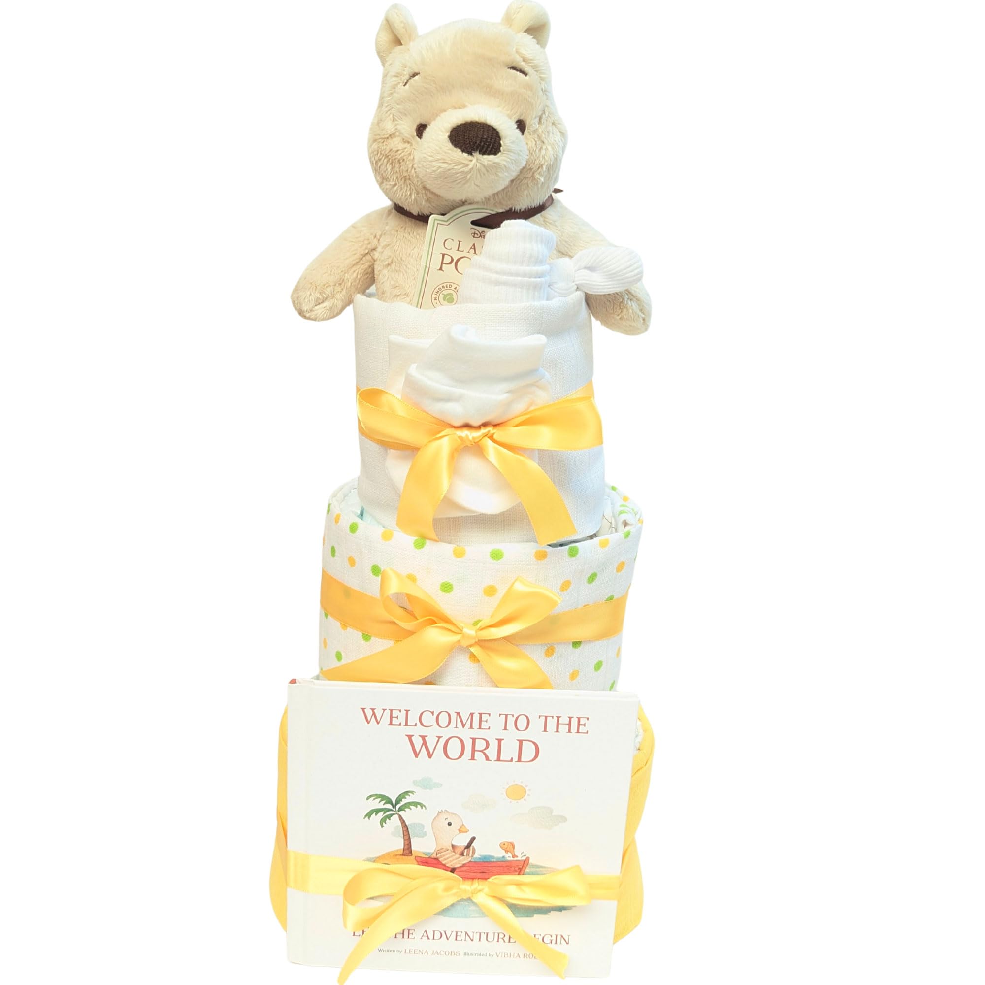 New Baby Gifts Welcome to The World Book Baby Gift Set, 3 Tier Nappy Cake Winnie The Pooh, 2 Muslins, 1 wash Cloth, Hat, Mitts, Booties, Disposable Nappies 9 Pieces