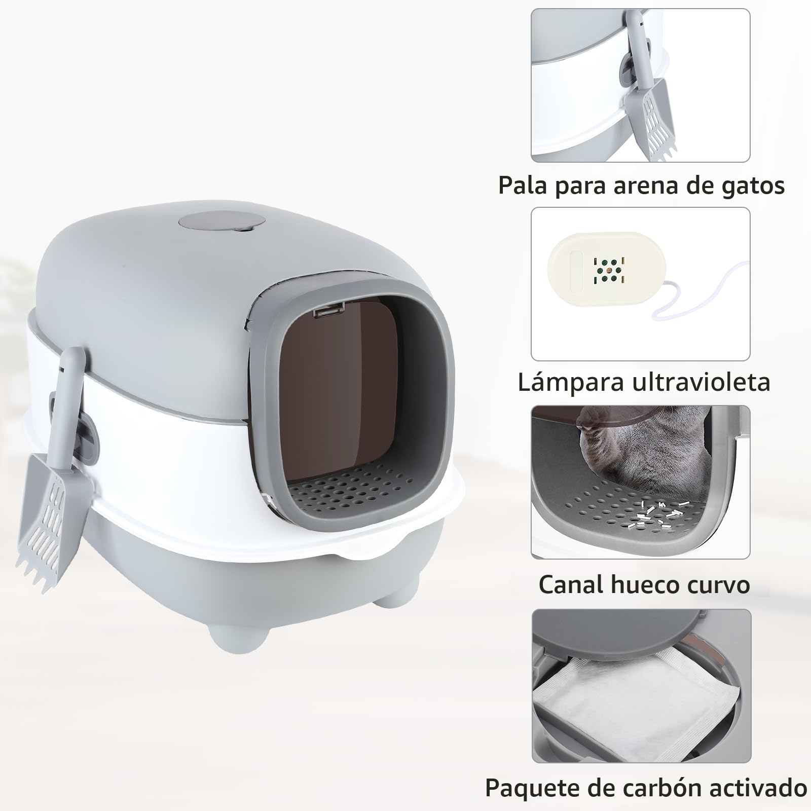 WODFARR - Arenero autolimpiable para gatos, plástico, polipropileno, con bolsa ambientadora y pala para arena para gatos, color gris