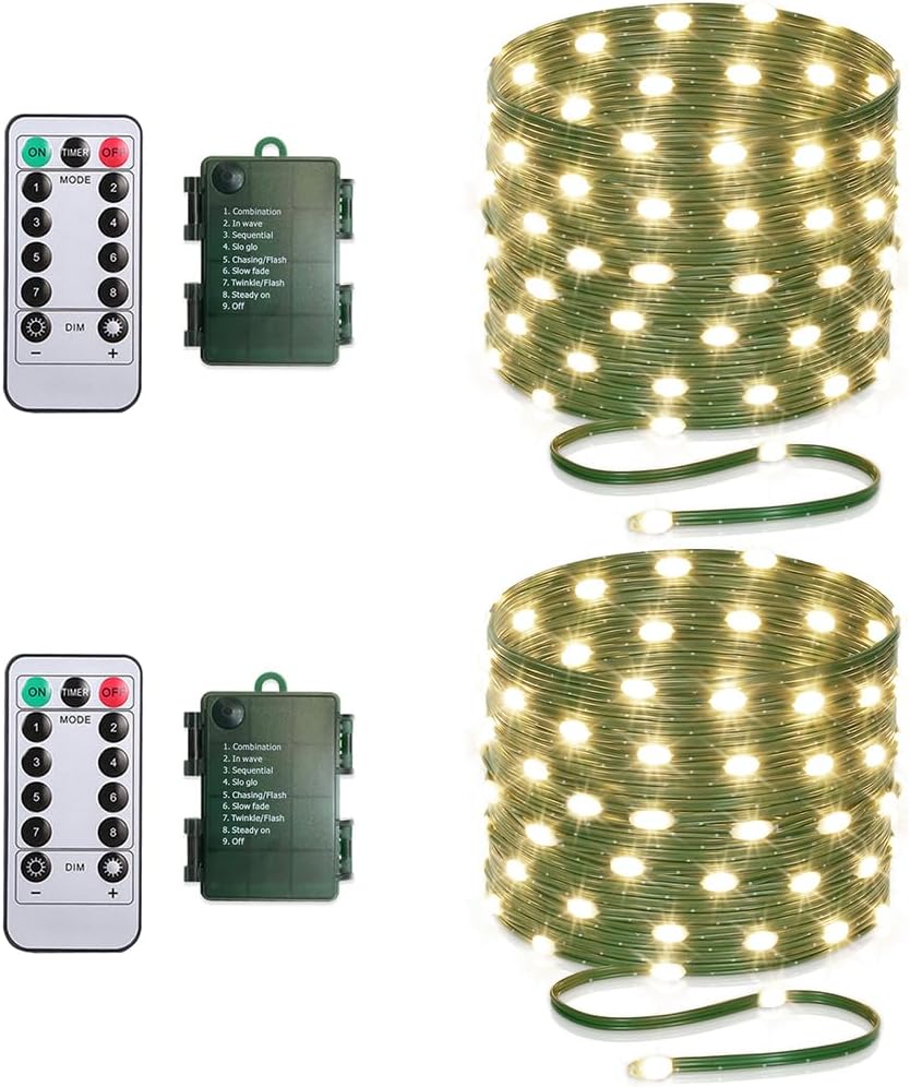 Battery Operated String Lights (4 Pack), 16.5ft 50 LED Fairy String Lights Battery Powered with Remote & Timer for Indoor Outdoor Christmas Trees Wreath Decoration Bedroom Patio - Warm White