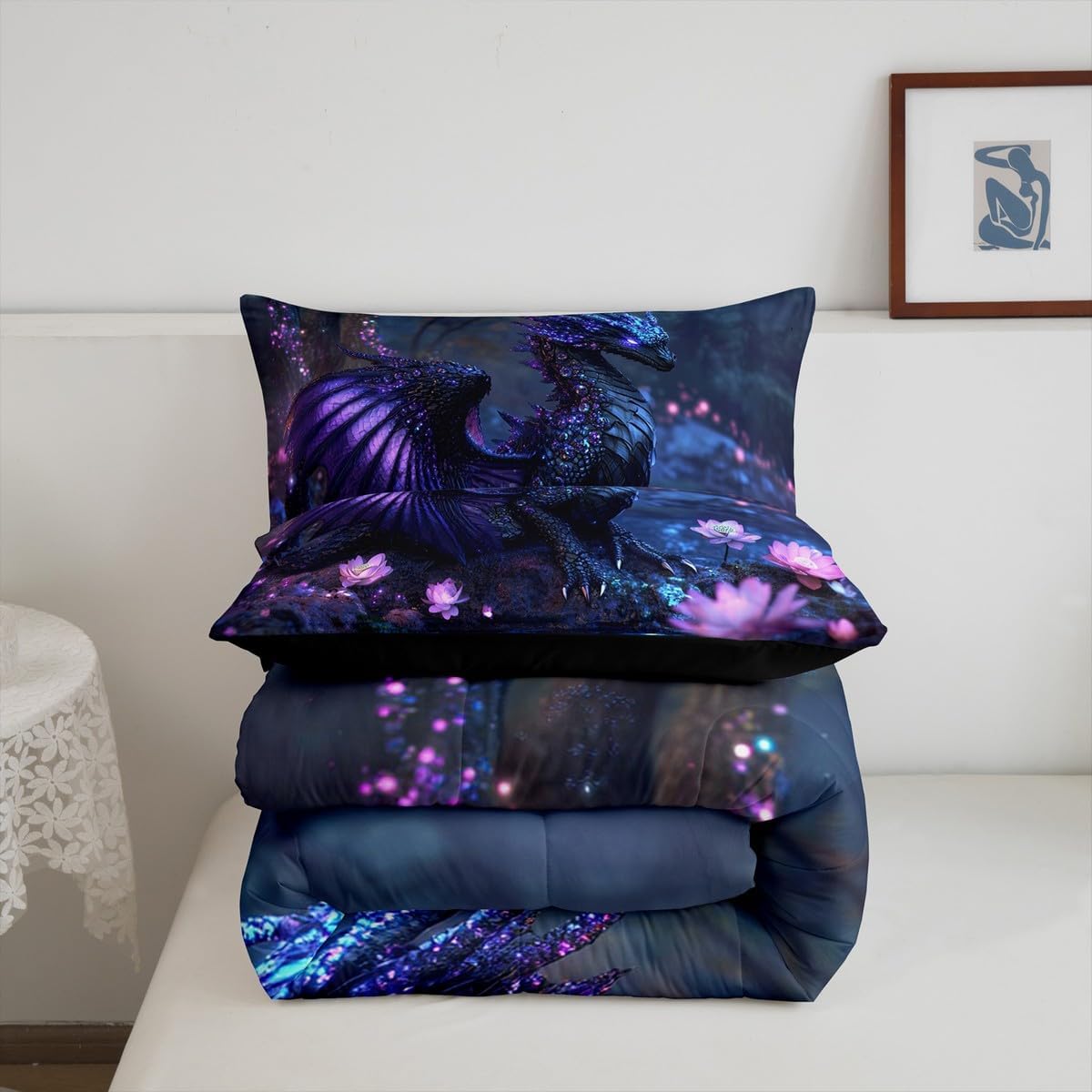 Feelyou Dragon Comforter Set Queen Size Dragon Stuff Comforter for Boys Girls Teens Wild Life Bedding Set Flower Duvet Set Room Decor Black Purple Quilt Set