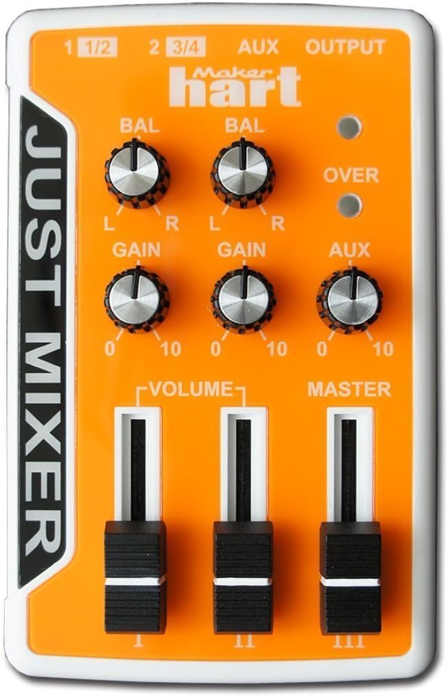 Maker hart JUST MIXER Audio/DJ Mixer - Battery/USB Powered Portable Pocket Audio Mixer w/ 3 Stereo Channels (3.5mm) Plus On/Off Switch (Orange)