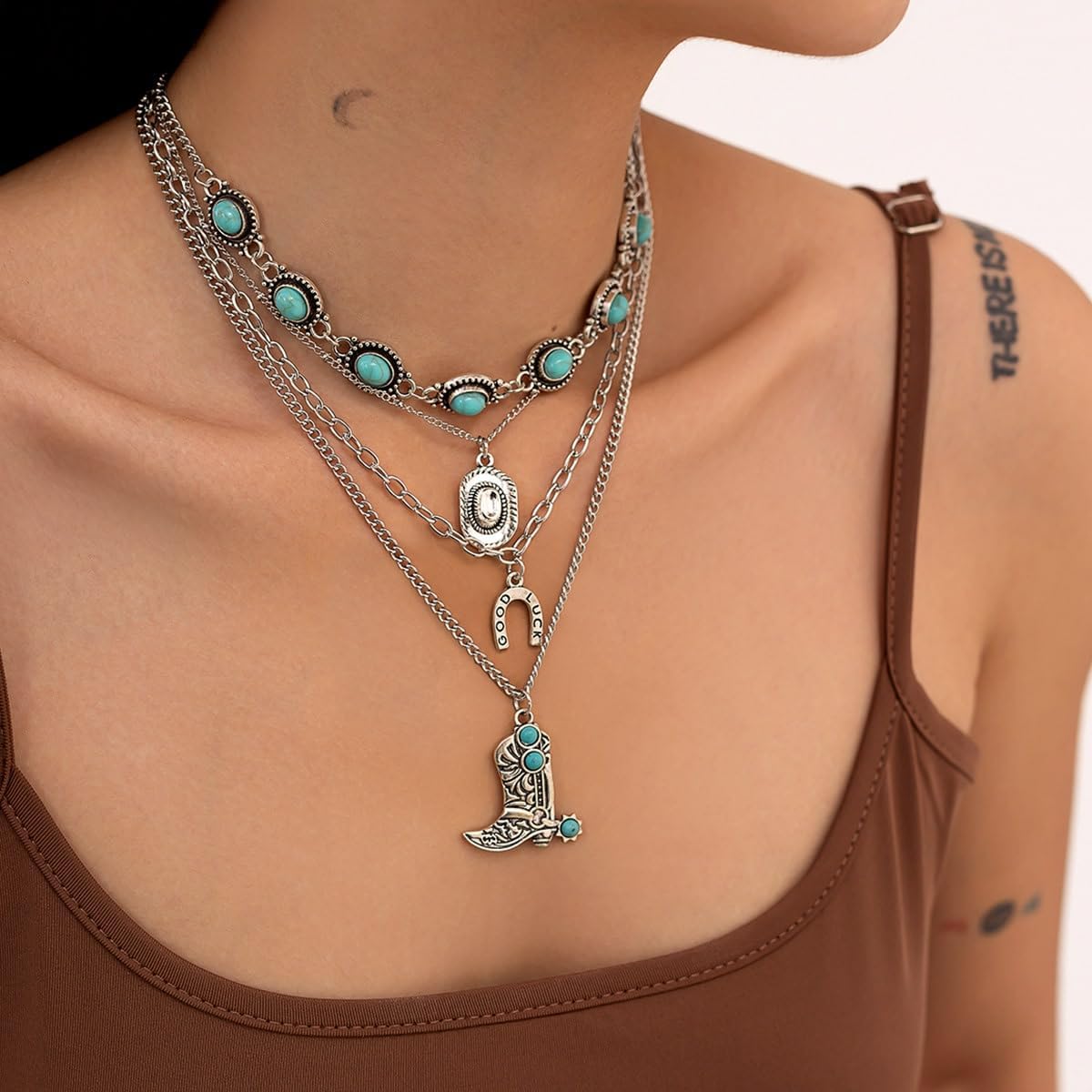 Western Necklaces for Women Country Concert Outfits Boho Turquoise Necklace Cowgirl Cowboy Layered Necklace Bohemian Vintage Country Accessorie - Image 4