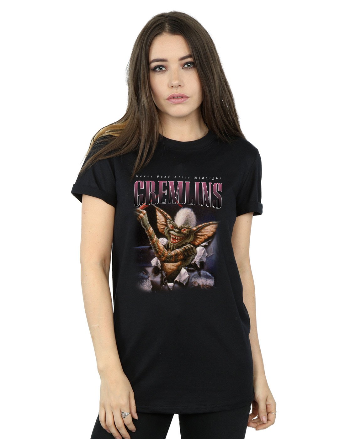 Absolute Cult Gremlins Women's Spike Montage Boyfriend Fit T-Shirt Black Large