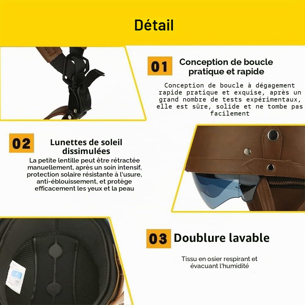 Casque de Moto Vintage Cuir Retro Vintage Scooter Open Face Demi Casque de Cuir avec Lunettes Certifié ECE Bols pour Homme et Femme Adultes Demi-Casques avec Sac de Rangement