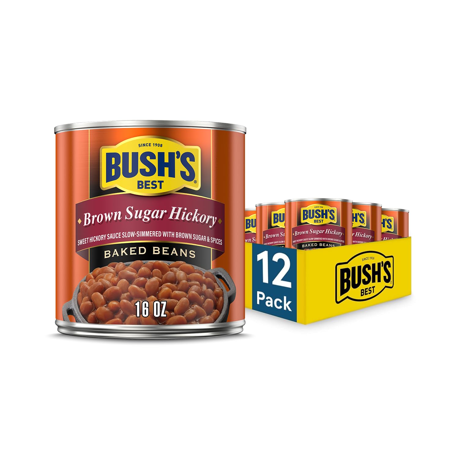 BUSH'S BEST 16 oz Canned Brown Sugar Hickory Baked Beans, Source of Plant Based Protein and Fiber, Gluten Free (Pack of 12)