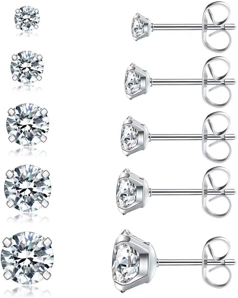 5 Pairs Stud Earrings Set, Hypoallergenic Cubic Zirconia 316L Earrings Stainless Steel CZ Earrings 3-8mm, Rose Gold
