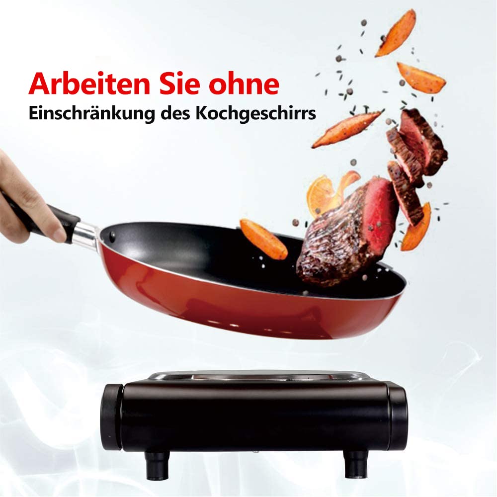 CUSIMAX Infrarot kochplatte 2er 1200W+1200W elektrisch herdplatte aus Glaskeramik, Tragbares doppel kochfelder mit Temperaturregelung für Outdoor/Indoor Use, für alle Topfarten, schwarzer Edelstahl