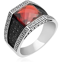 925 Sterling Silver Greek Key Mens Statement Ring Square Cut Gemstone & Textured Band