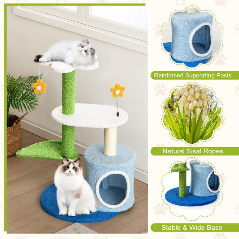 34.5 Inch 4-Tier Cute Cat Tree with Jingling Balls and Condo, Multi-Level Cat Tower, Interactive Play Center with Hanging Toys and Cozy Hideaway for Indoor Cats, Sturdy Base and Soft Plush Covering