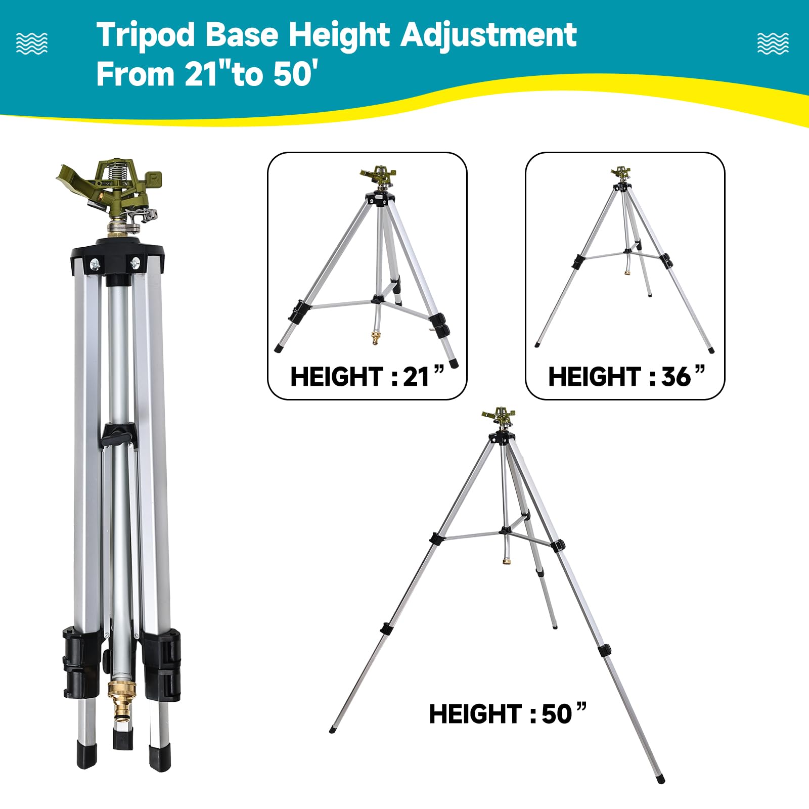 Aspersor de impacto resistente en base de trípode, trípode telescópico, riega hasta 90 pies de diámetro, patas de 50 pulgadas