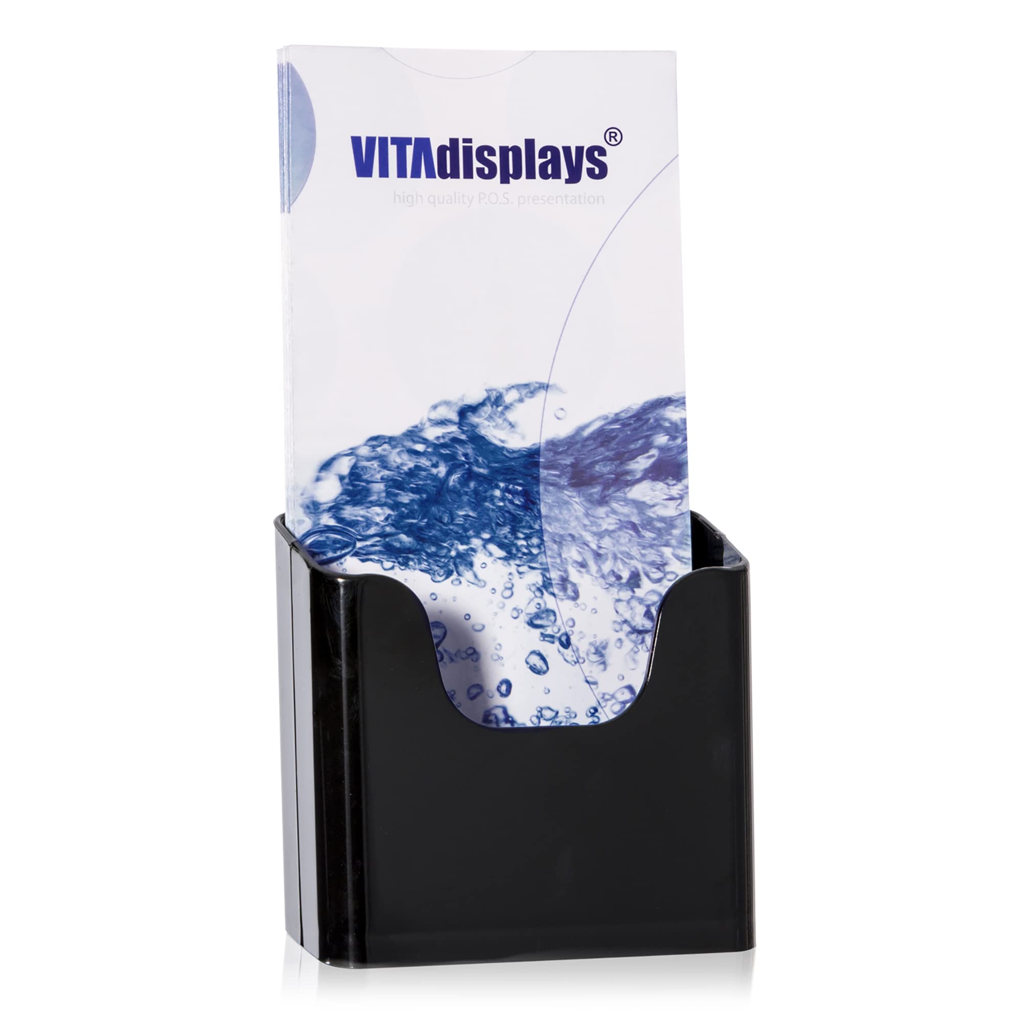 VITAdisplays DIN Long Table Brochure Stand, Flyer Stand, Black Flyer Holder and Table Brochure Holder, Brochure Stand, Table Brochure Stand for DL Trifold Flyer, Brochures, Optional Wall Mounting