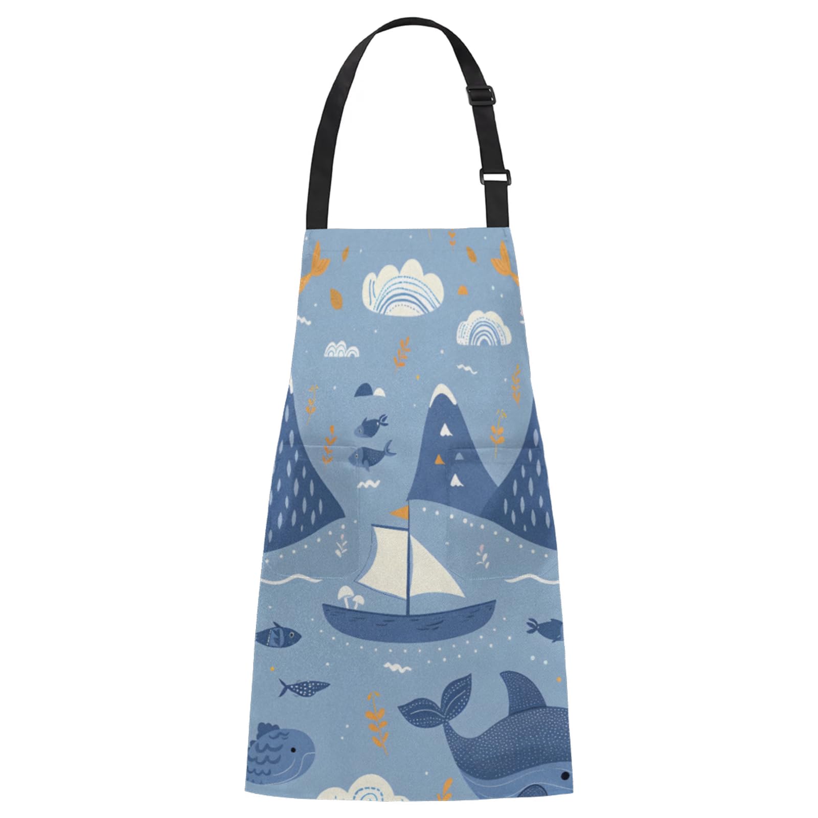 Aglebo Hand Painted Whale Fish Sailboat Chef Apron with Pockets Adjustable Shoulder Strap Waterproof Cooking Apron for Kitchen Baking Gardening Pottery Painting