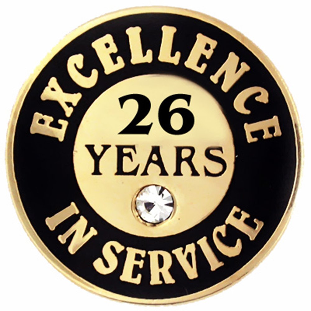 PinMart Gold Color Plated Excellence in Service Year Award Lapel Pin – Metal Enamel Workplace Reward Pin w/Rhinestone – 1-60 Years Pins for Long Standing Employees