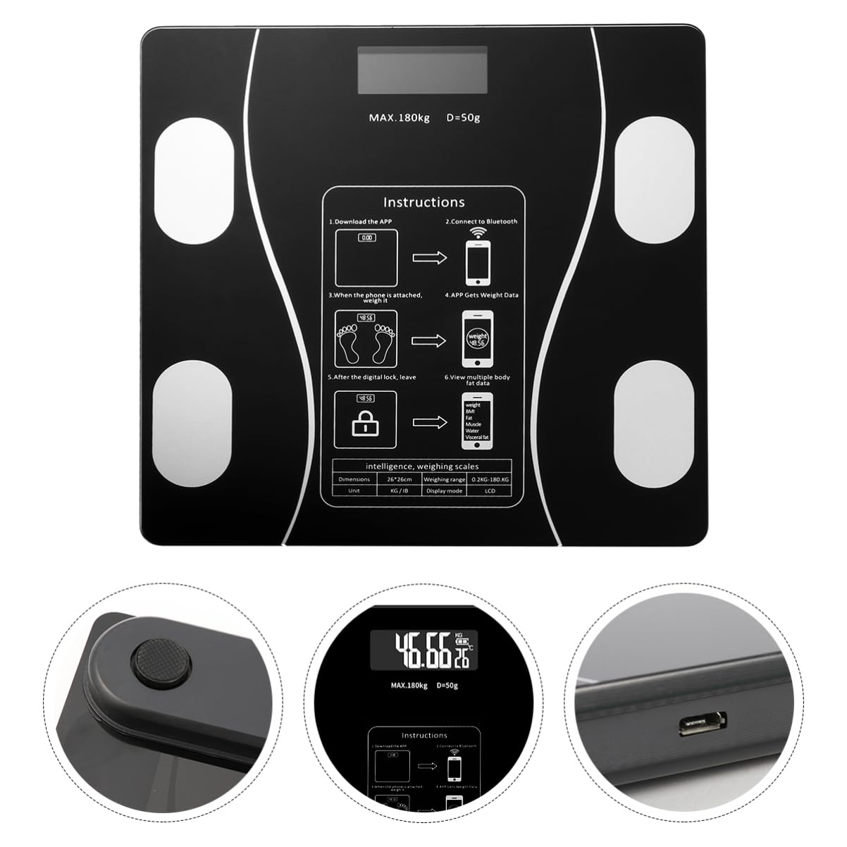 Healeved Digital y Patas Antideslizantes de Abs y Vidrio Recargable por USB Báscula Inteligente Pantalla LED Grande para Peso Corporal para Uso Hogar